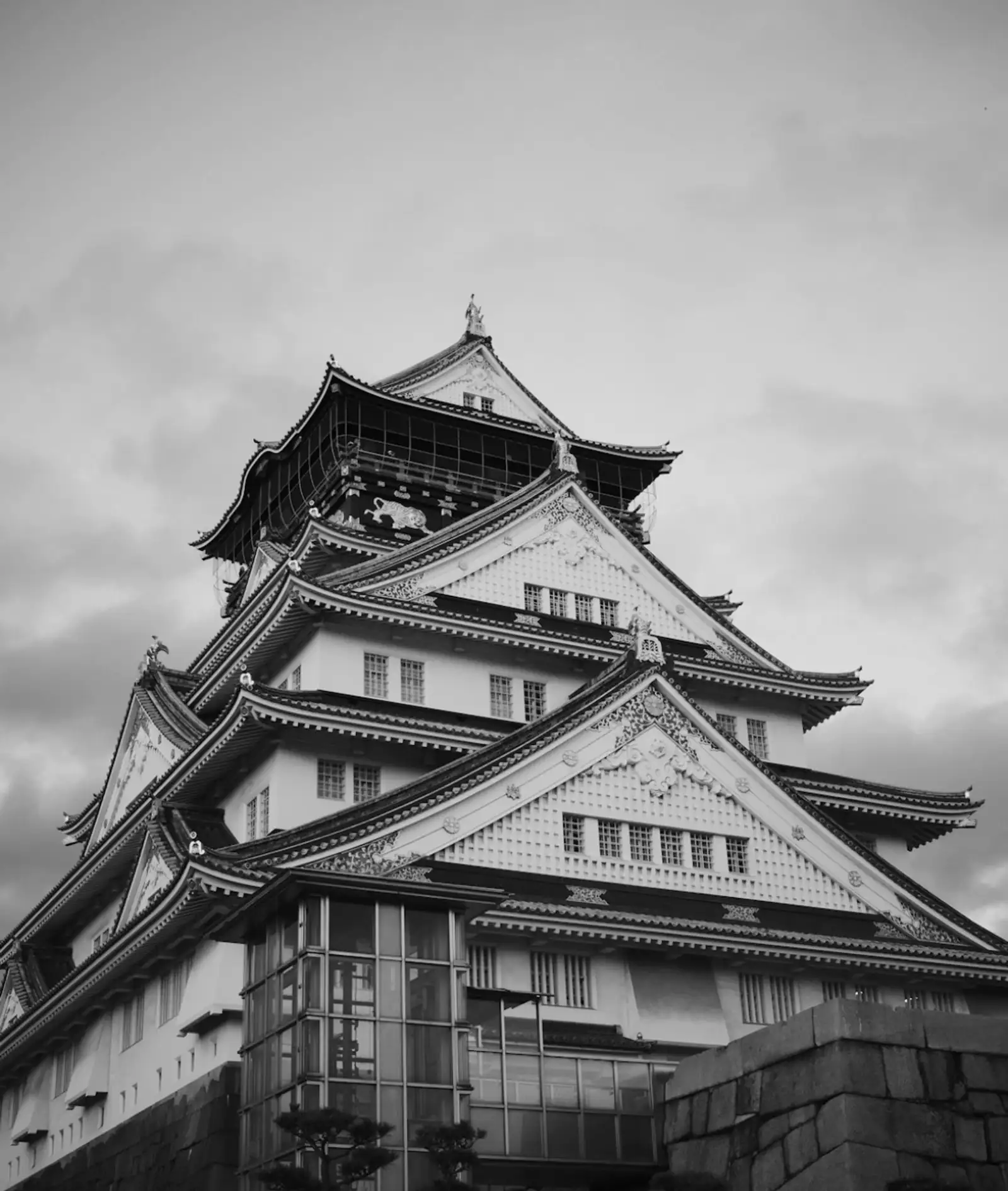 Osaka Castle in black and white